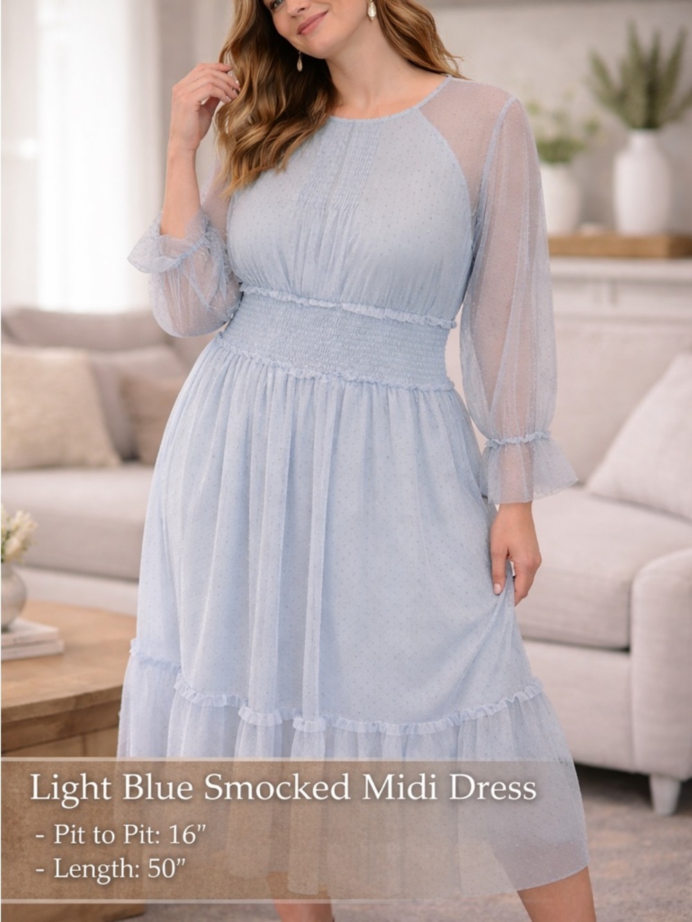 Light Blue Midi Dress - Elegant Women's Dress XL pit to pit 16in length 50in